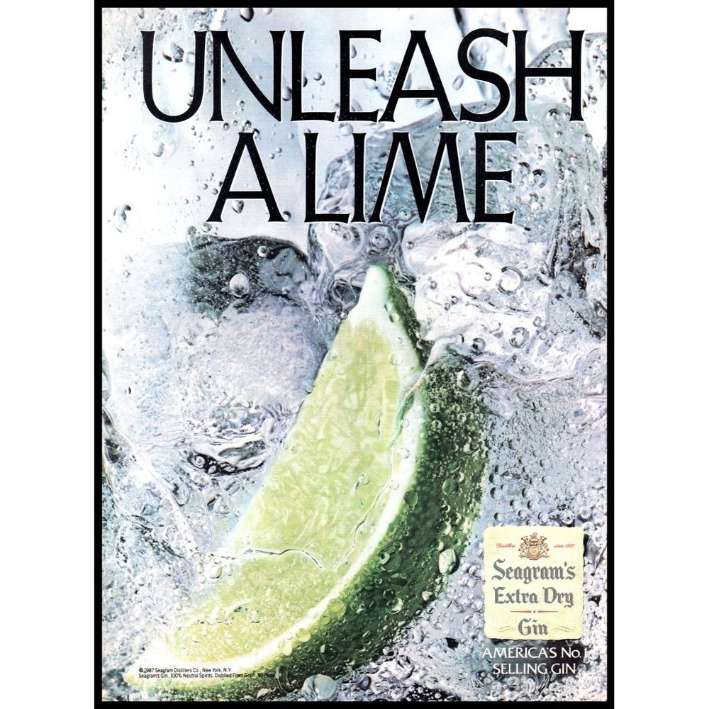 1987 Seagram's Extra Dry Gin Vintage Print Ad Unleash a Lime Man Cave Wall Art